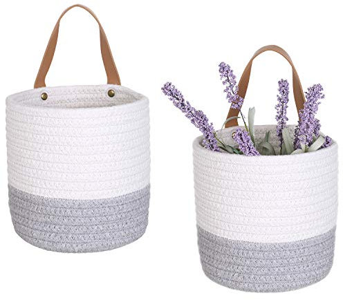Kleiner Hängekorb, Baumwollseil, Wandkorb mit Griff, Hängekörbe, Regalkörbe, Aufbewahrungskorb, Schrank-Organizer, 15,2 x 17,6 cm, gewebter Pflanzkorb, weiß und grau, 2 Stück