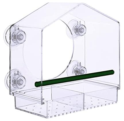 Window Bird Feeder - Extra Strong Suction Cups and Removable Seed Tray with Drainage Holes. Windowsill Birdfeeders for Wild Birds, Finch, and Cardinal. LIANGPIN Transparent Birdhouse Shape Design