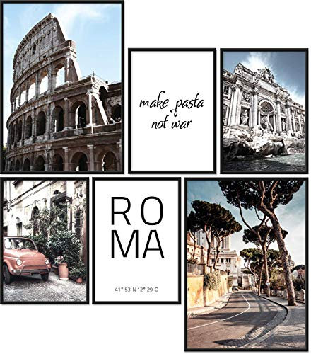 Papierschmiede® Mood Poster Set Rom, Fertiges Bilder Set mit Rahmen (Holz, schwarz), Wohnzimmer Deko Schlafzimmer, 2x DIN A4 und 4x DIN A5, Kolosseum Roma Italien Pizza Pasta