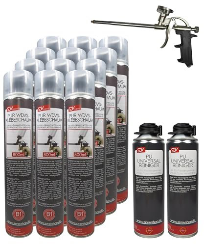 SDV Chemie PUR WDVS Klebeschaum B1 SET 12x 800ml + 2x PU Reiniger 500ml + 1x PU-Schaum-Dosierpistole