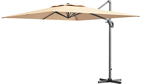 TANGZON 3M Cantilever Garden Parasol, Adjustable Patio Umbrella with Heavy Duty Cross Base, 360° Rotation Function and 4-Level Tilting System, Hanging Umbrella (Beige)