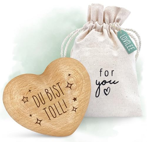 LOViLEE Du bist toll - Handschmeichler Holz Glücksbringer Prüfung - Holz Herz inkl. Geschenkbeutel & Grußkartenset - Mutmacher Geschenk, Schutzengel Geschenk, Gute Besserung Geschenke Frauen