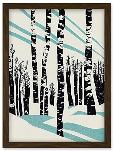 Wee Blue Coo Modern Birch Tree Forest in Winter Modern Stencil Design Monochrome and Teal Artwork Framed Wall Art Print A4