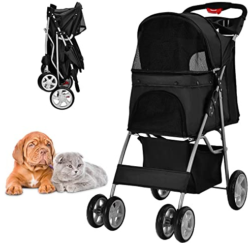 COSTWAY Cochecito Plegable para Mascotas, 4 Ruedas para Gatos/Perros, Carrito Con Cesta de Almacenamiento, Ventana de Malla, Impermeable (Negro)