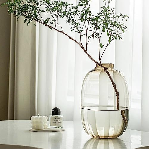 GeLive Jarrón de cristal marrón redondo de color transparente para centro de mesa, ramas de tallo largo, botella de plantas artificiales frescas, decoración moderna del hogar para interiores (marrón)