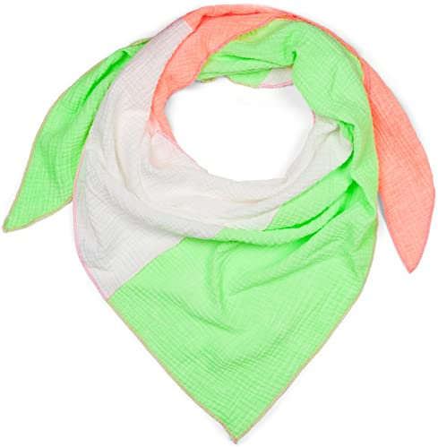 styleBREAKER Damen Musselin Dreieckstuch 3-farbig | Pastell Schal aus Baumwolle für Frühling & Sommer | Leichtes Dreieckstuch aus Musselin Stoff | Made in Italy, Farbe:Neongrün-Neonorange-Weiß