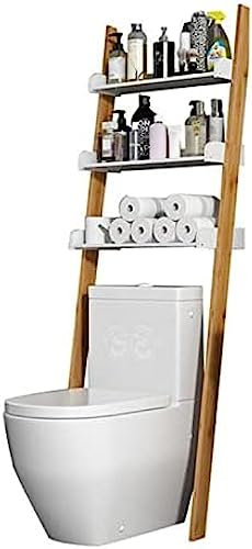 HaoAMZ Ladder Storage Shelf Over The Toilet, 3-Tier Bamboo Bathroom Organizer Rack Plant Flower Stand, Space Saver Leaning Against Wall Storage Rack For Bathroom Laundry Room