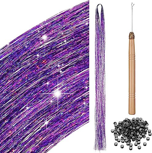 Kit di 200 Ciocche di Tinsel per Capelli con Strumenti Orpelli con Glitter per Extension dei Capelli Accessori per Estensione di Capelli per Intrecciare Capelli Donna Bambini (Viola)