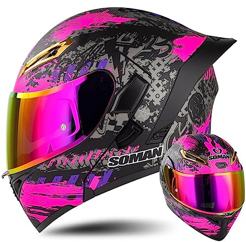 WYXAXNM Casco Modulare Moto con Doppia Visiera REVO Lente a Colori Casco Moto Integrale Omologato ECE con Visiera Doppia AntiGraffio Caschi Moto Modulari Uomo e Donna,Purple-L(59~60cm)