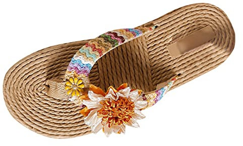 Femmes Tongs à la Mode été Nouveau modèle intérieur et extérieur polyvalence Paille tissé Fleur Sandales antidérapant Plage Sandales Plate-Forme pour Femmes Talons Sexy (Yellow, 41)