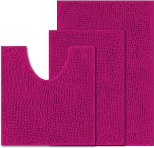 UHOUSEST Bath Mat Set, Non Slip Chenille Bath Mats - Extra Soft, Absorbent with Pedestal and U Shape Toilet Rugs, Machine Washable for Bathroom, Rose