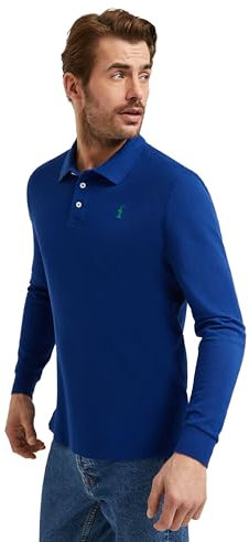 Polo Club Polo Elegante Uomo Manica Lunga Blu Royal Ricamo con Logo - 100% Cotone -