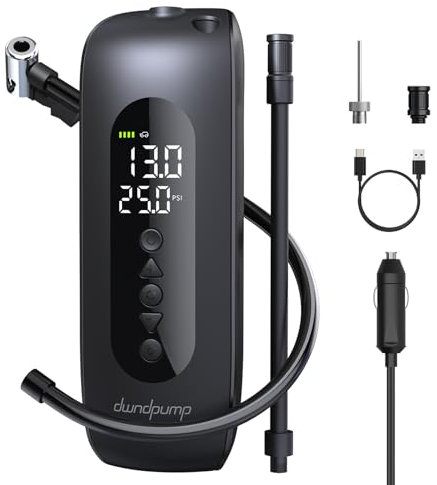 dwndpump Tyre Inflator Air Compressor, 150 PSI Car Tyre Pump, 2.5X Faster Electric Bike Pump, 12V DC Rechargeable Air Pump with Digital Display, Auto-Off, for Cars, Motorcycles, Bikes, and Balls