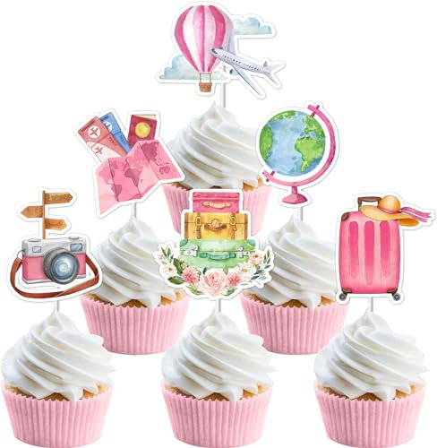 Kreatwow Travel Party Cupcake Toppers 24pcs Pink Let the Adventure Begin Cupcake Picks Travel Theme Birthday Party Supply Travel Around The World Cupcake Decorations for Bon Voyage Adventure Birthday