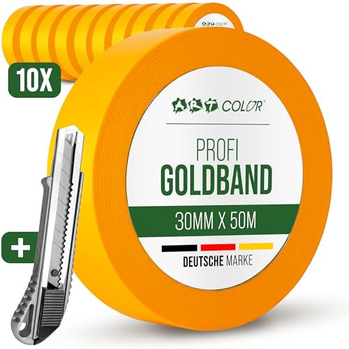 ART COLOR 10x Profi Goldband 30mm x 50m inkl. Cuttermesser - Maler Klebeband für exakte Farbkanten - UV beständiges Abklebeband - Alu Teppichmesser
