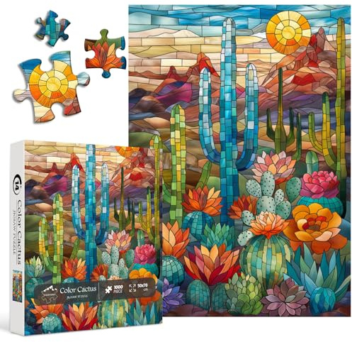 Kaktus-Puzzles für Erwachsene, ab 1000 Teile, PICKFORU Buntglas-Puzzle inklusive Mosaikkunst-Kaktus, Bunte Sukkulenten-Puzzles als Geschenke für Pflanzenliebhaber
