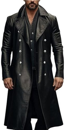 KSKAN Trench Da Uomo In Pelle Vestibilità Rilassata Cappotto Doppio Petto A Tutta Lunghezza Cappotto Gotico In Ecopelle Steampunk Capispalla Casual Spolverino In Pelle Da Uomo Xxl Nero