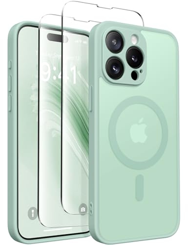 CAPRARO Magnetic for iPhone 15 pro Case, [Compatible with MagSafe] [Full Camera Protection] Shockproof Protective Slim Translucent Matte Phone Case iPhone 15 pro Case,MintGreen