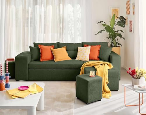 California - ecksofa beidseitig montierbar 4-Sitzer - schlaffunktion und Bettkasten, Regal und Hocker - aus Strukturiertem Samt Grün