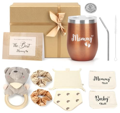 Neugeborenen Geschenkset zur Geburt - Babyhamper mit innvolle Babygeschenken für Jungen & Mädchen: Lätzchen, Rassel, Kaffeebecher to Go, Entscheidungsmünze & mehr - Geschenk zur Geburt für die Mutter