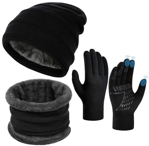 OOPOR Wintermütze Schal Touchscreen Handschuhe Set - Unisex Beanie Strickmütze Winterschal Thermo Handschuhe | Fleecefutter Warme Knit Hut Loop Schal Rutschfeste Handschuhe | für Herren