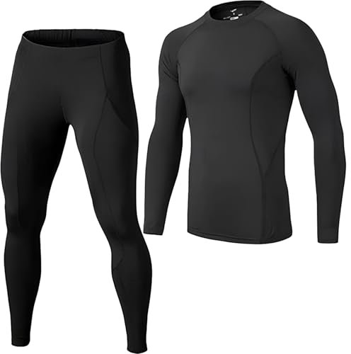 Wisebom Men's Sports Thermal Underwear Set, Compression Base Layer Top & Bottom Set Long Johns with Quick-Dry, Breathable for Running, Cycling, Skiing, Motorbike (Black, L)