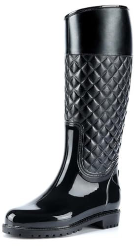 MIXSEN Stivali di Gomma Donna Pioggia Alti Invernali Impermeabile Stivali da Giardino Scarpe Pioggia(Nero,39EU)