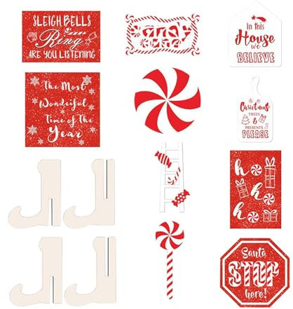 Christmas Tier Tray Decor Set | Red and White Christmas Wooden Signs,Christmas Table Decorations, Rustic Tiered Tray Decoration Items for Home Table Shelf