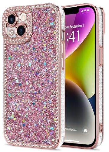 Lafunda for iPhone 14 Case for Womens Girls, Luxury Bling Glitter Diamond Crystal Festival Shiny Case Camera Protection Shockproof Silicone TPU Phone Cover for iPhone 14 6.1, Pink