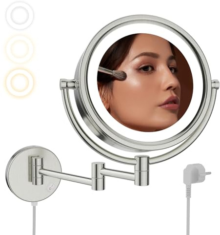 Nicesail Schminkspiegel mit Beleuchtung Wand Gebürstetes Nickel Kosmetikspiegel Ausziehbar mit Vergrößerung 10x 360° Swivel Doppelseitiger Spiegel,Durchmesser 20cm