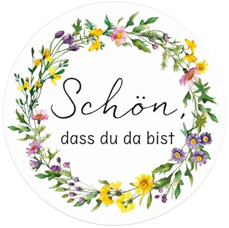 MEJOSER 120 Stk Schön dass du da bist Aufkleber 4cm Rund Sticker Blumen Etiketten Selbstklebend Geschenkaufkleber Mitgebsel für Taufe Kommunion Hochzeit Konfirmation (Schön dass du da bist)
