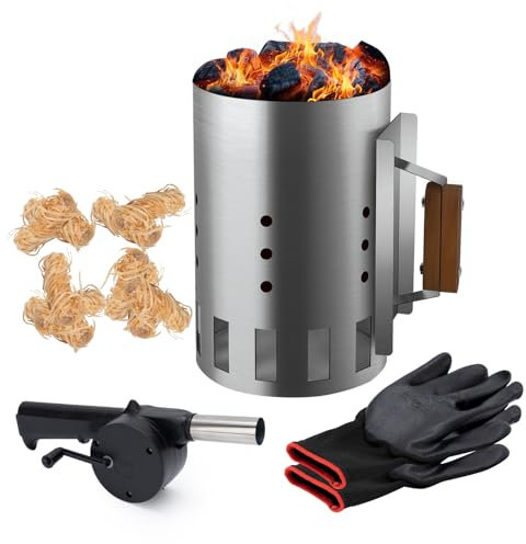 BRIAN & DANY Kohlekamin Starter Set für BBQ, Rapid Chimney Starter für Holzkohlegrill mit hitzebeständigen Handschuhen und Gebläse, Großraum-Design 18,0 cm x 18,0 cm x 27,0 cm