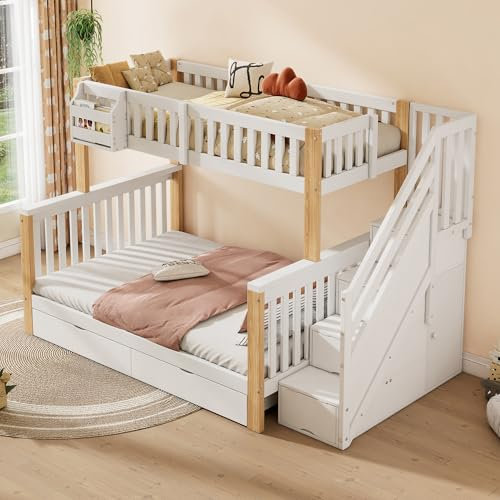 ZYLOYAL10 Etagenbett mit Handlauf und Fenster, Hausbett, Kinderbett mit Fallschutz und Gitter, Rahmen aus Holz (90x200cm) (Weiß+Natur - A)