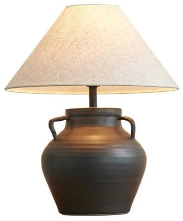LUOYAOB Rustic Farmhouse Ceramic Table Lamp Black Jug-Shaped Design with Fabric Drum Shade for Living Room, Bedroom, Home Office
