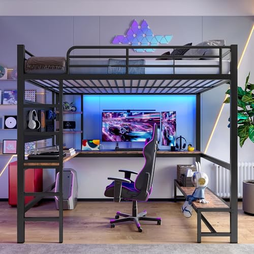 Letto a soppalco 140 x 200 cm, telaio in ferro con presa USB + Type-C, scrivania, ringhiera, scaletta, più ripiani, con striscia LED, con bordo forato, senza materasso, nero