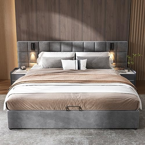 Upholstered Ottoman Bed, 6ft Super King Size Bed Frame with Storage&USB Charging&Directional Lamp, Velvet Functional Upholstered Bed Hydraulic Storage Beds with Wide Headboard&Slats, No Mattress, Grey
