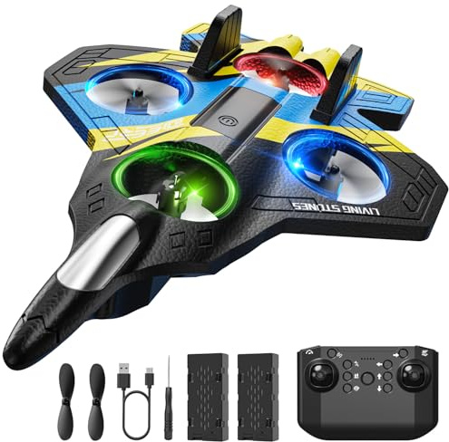 DEERC Avions télécommandés, Avions RC avec lumières, Avion de Chasse RC pour Enfants, Flip à 360°, tonneau acrobatique, Avion Jouet comme Cadeau pour garçons (Bleu et Jaune) ur garçons（Jaune Bleu）