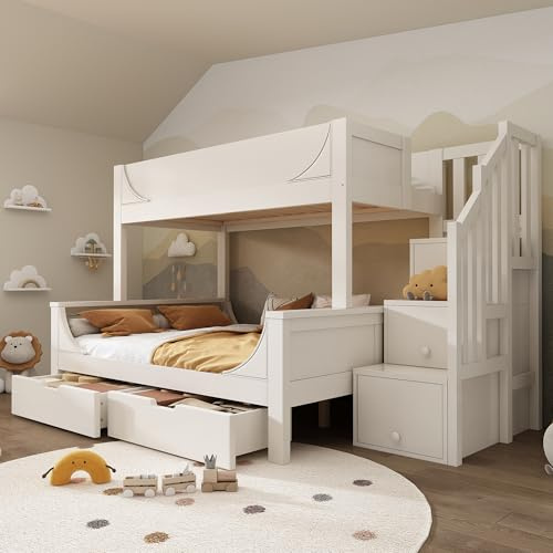Idemon Kinderbett Etagenbett mit Leiterschrank & Schubladen, Elegante Schlittenform Design, Holzbett mit Rausfallschutz und Lattenrost, Oben 90x200cm, Unten 140x200cm Doppelbett, Weiß(Ohne Matratze)