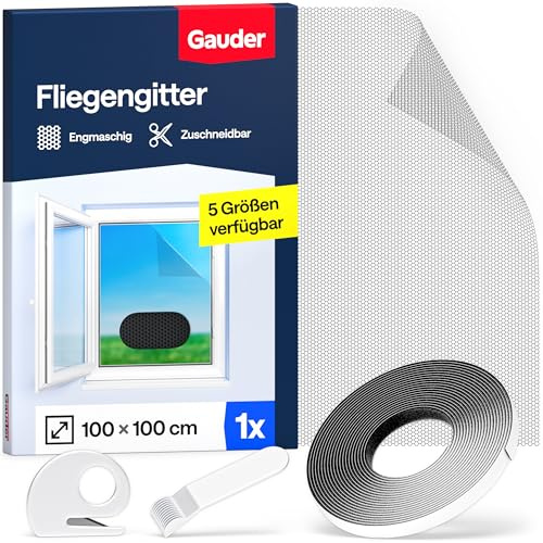 GAUDER Moustiquaire fenêtre, filet anti-moustique (100x100cm) | Pour fenêtres du sol au plafond et grande fenêtre, auto-adhésive sans perçage, bande auto-agrippante, anti-insectes, noir