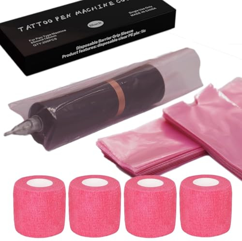 LEAYOKA Grip Tape und Stift Taschen Zubehör Set 200 Stück Tattoo Stift Taschen Einweg Pen Cover und 4 Rollen Tattoo Griff Bandage Tattoo Maschinenabdeckungen mit