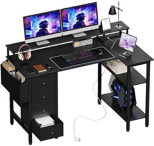 Yaheetech Escritorio L con 4 Cajones, 120x68cm Mesa Escritorio Gaming en L con Soporte para Monitor, 2 Enchufes y 2 Puertos USB, Escritorio Esquina Reversible Trabajo y Juegos, para Oficina, Negro