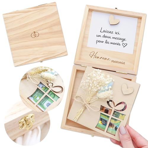 Joli Coon Cadeau mariage pour les mariés, 14 x 14 x 3,5 cm | Compartiment pour 5 billets, fleurs séchées, carte de vœux, aimant photo ou carte, prêt à offrir, en bois