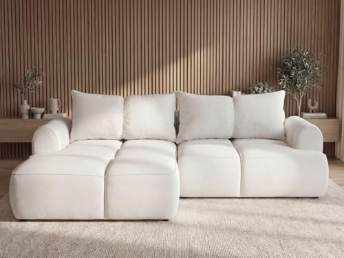 GRAINGOLD Boono Ecksofa 282x170 cm, L-Form Sofa, Ecksofa für Wohnzimmer, Veloursstoff, 4-Sitzer Eckcouch, Ecksofa mit Stauraum und Bettfunktion, Modernes Design (Creme, Links)