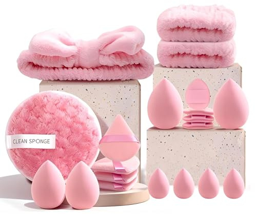 YUZHEDM Éponge Maquillage, Beauty Blender avec Houppettes | Kit Maquillage 20 Pièces, 8 Éponges, 9 Houppettes, 1 Bandeau, 2 Bracelets, Utilisation Sèche et Humide