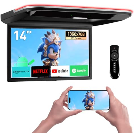 XTRONS Android Car Overhead Player 14 Inch 2+32GB Car Roof Mount Monitor | Octa-Core Wide IPS Screen with Stereo Speakers Flip Down Overhead Monitor Support 4G/WiFi/HDMI/Double USB Input