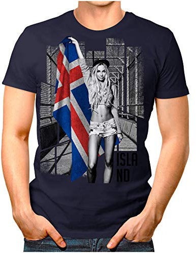 OM3® - Island-Soccer-Girl - Herren T-Shirt Fan Support Fußball Trikot Sexy Frau Iceland Vikings Vintage Navy S