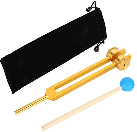 Aluminum Alloy 111HZ Tuning Fork for Yoga Meditation and Sound Healing, Includes Hammer, Massage Therapy & Acupressure Tool with Storage Bag (Gold)