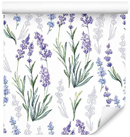 Muralo Tapete 10m Rolle Vlies Tapete Blumen Lavendel Blätter Natur Pflanzen Stengel Vliestapete 1000 x 53cm Wand Tapete Wohnzimmer Schlafzimmer Moderne Wanddeko Wand Dekoration