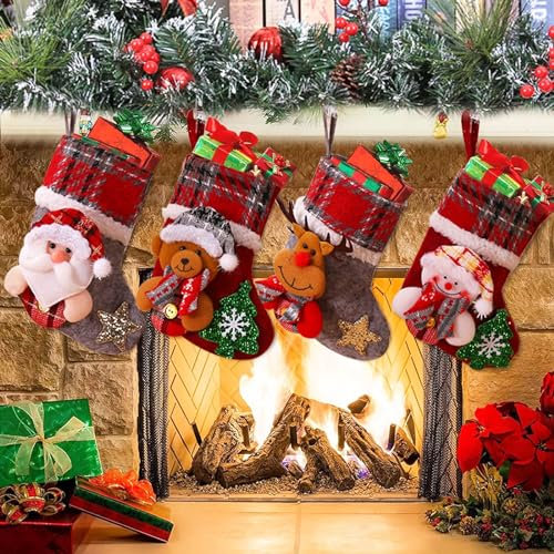 KOIROI 4er Set Weihnachtsstrümpfe, Nikolausstiefel, Weihnachtssocken Kamin, Nikolausstiefel zum Befüllen, Nikolausstrümpfe, Weihnachten Hängende Socken für Weihnachtsbaum, Haus, Garten Dekoration