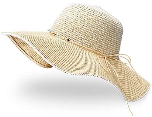 GIKPAL Chapeau de Paille Femme, Chapeau de Soleil Été Chapeau de Plage Pliable Anti-UV avec Large Bord et Mentonnière Réglable pour Voyage